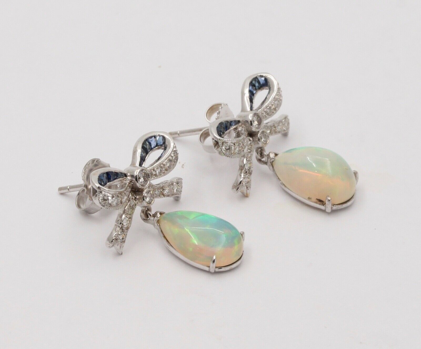 Vintage Estate Bow Opal, Diamond & Sapphire Dangling Earrings.