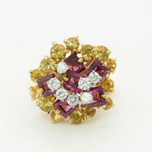 Load image into Gallery viewer, Vintage 18K Yellow Gold La Triomphe Diamond Yellow Sapphire Garnet Cocktail Ring
