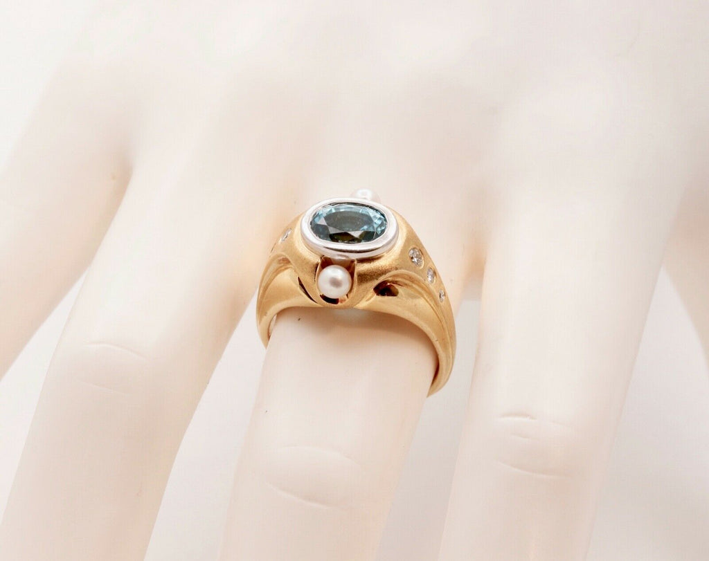 Unisex Mens Ladies Blue Zircon Diamonds Pearls Platinum 18K Yellow Gold Ring