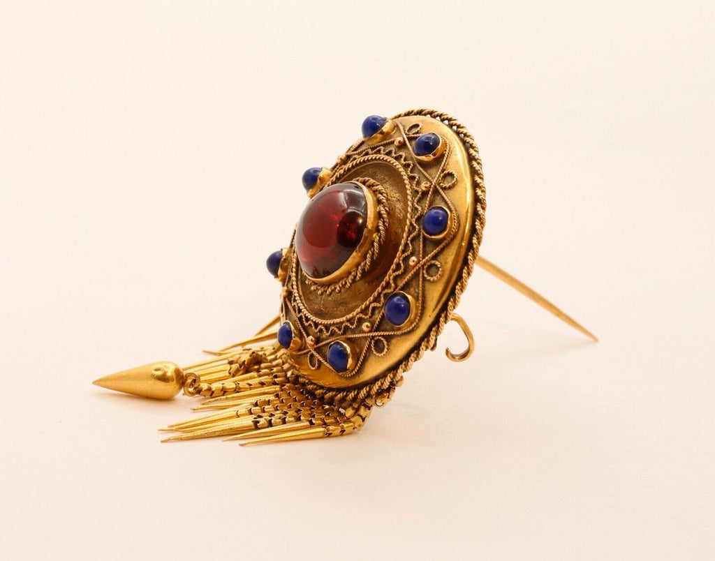 Victorian Memorial Garnet Lapis Lazuli 14K Yellow Gold Brooch Pin
