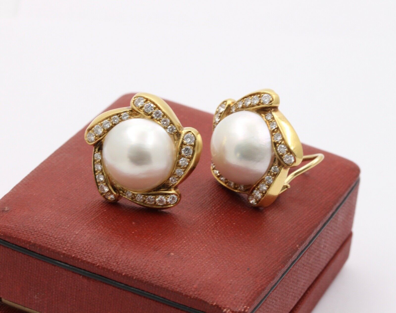 Large Mabe Pearl Diamonds Pinwheel French Clip Earrings