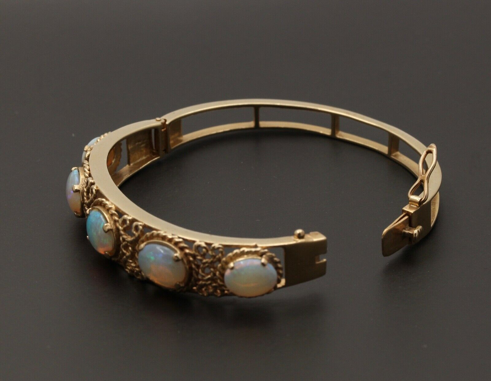 Vintage 14K Gold Rope Knot 5 Opal Bangle, Bracelet.