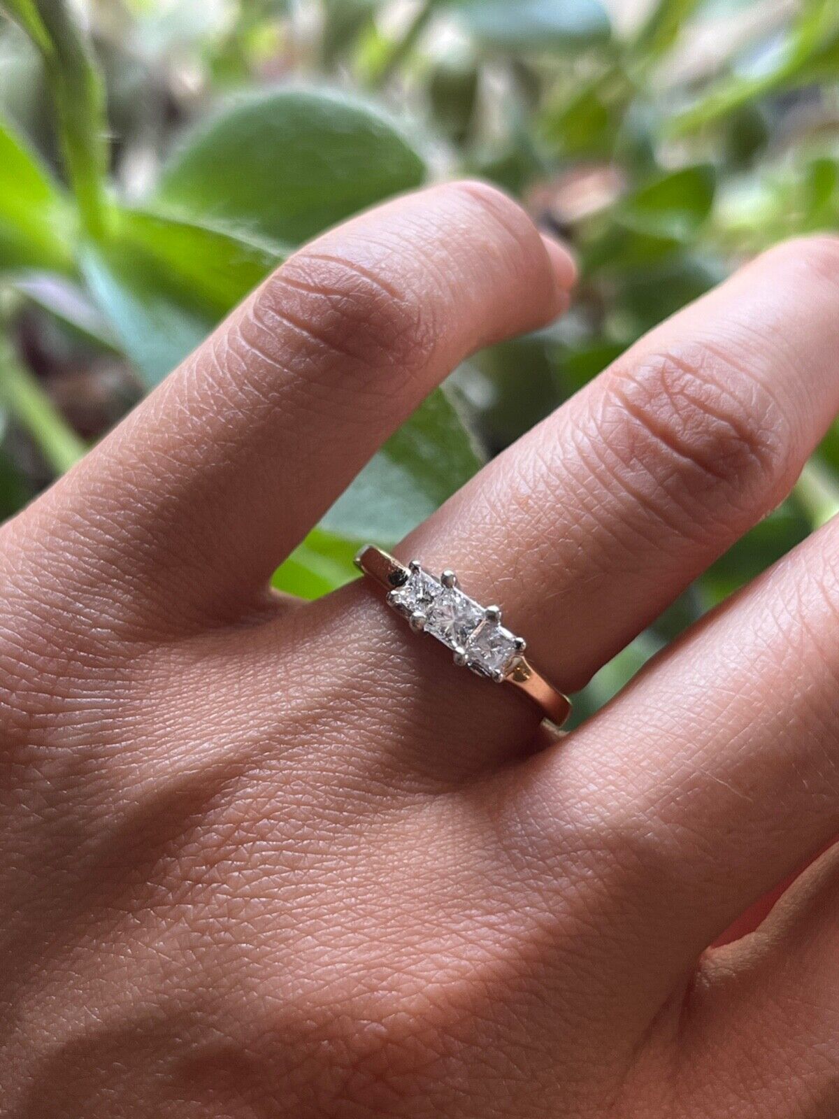 Vintage 14K Gold & Platinum Princess Cut Three Stone Diamonds Engagement Ring, R