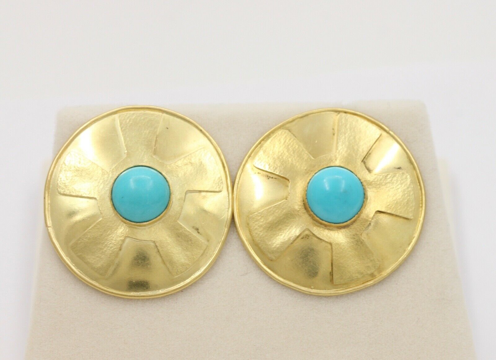 Vintage Natural Turquoise Funky Disk 18K Gold Post Back Earrings