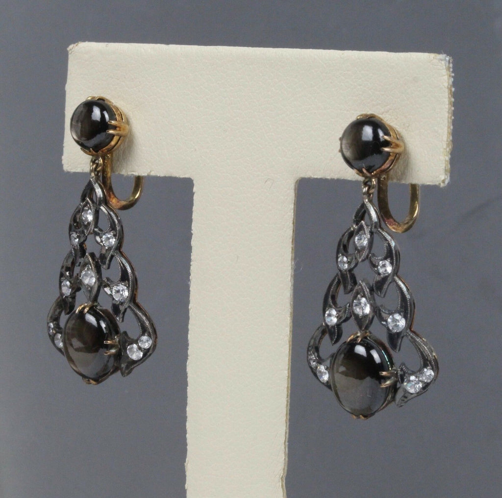 Victorian 14K Yellow Gold and Silver Black Star Sapphire Chandelier Earrings