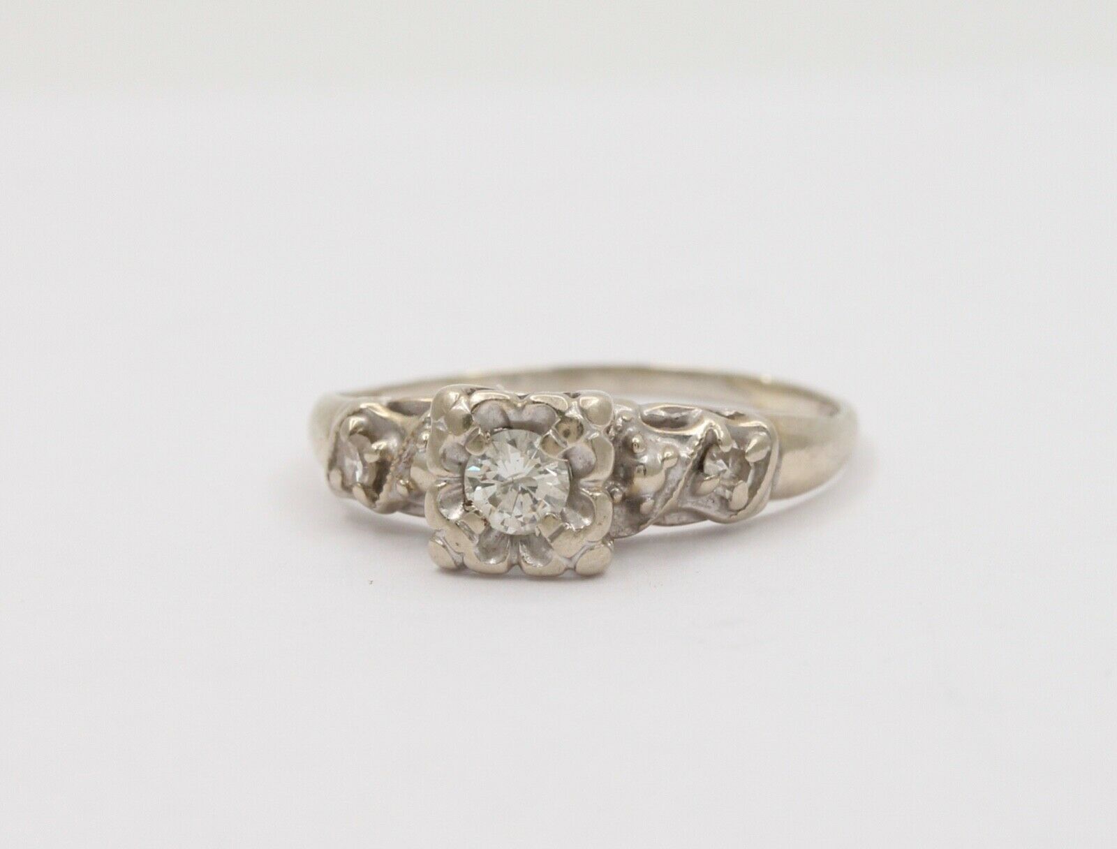 Art Deco 14K White Gold Diamond Ring, Engagement Ring, Stacking Ring