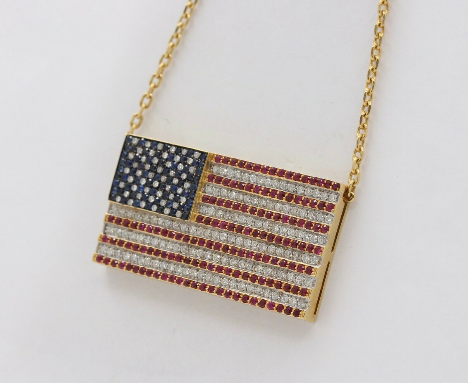 Vintage 18K Yellow Gold Diamond Sapphire Ruby US Flag Pendant