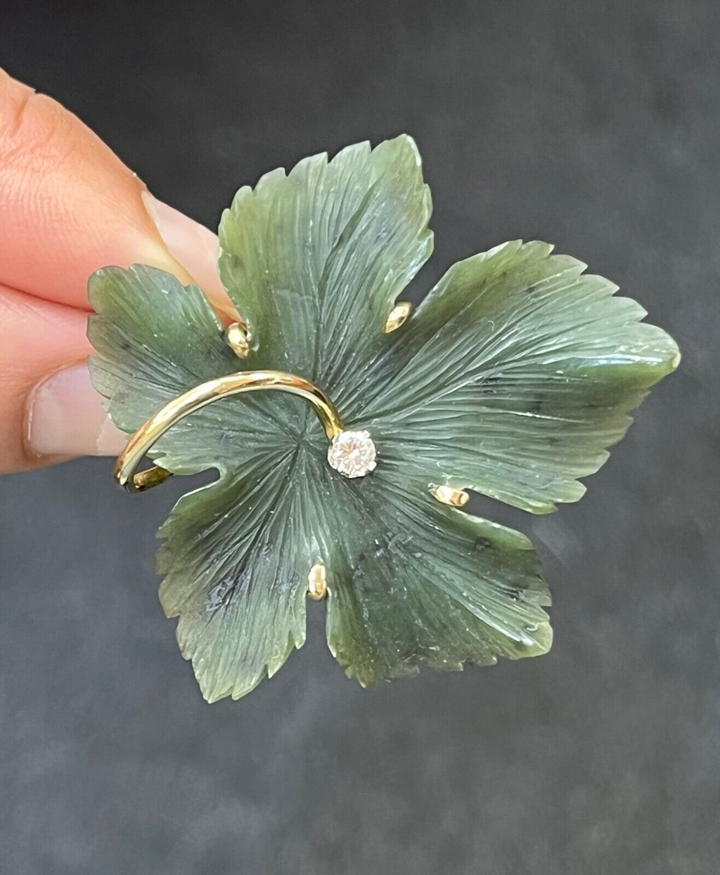 Vintage Diamond and Curved Jade 14K Yellow Gold Leaf Brooch, Pendant.