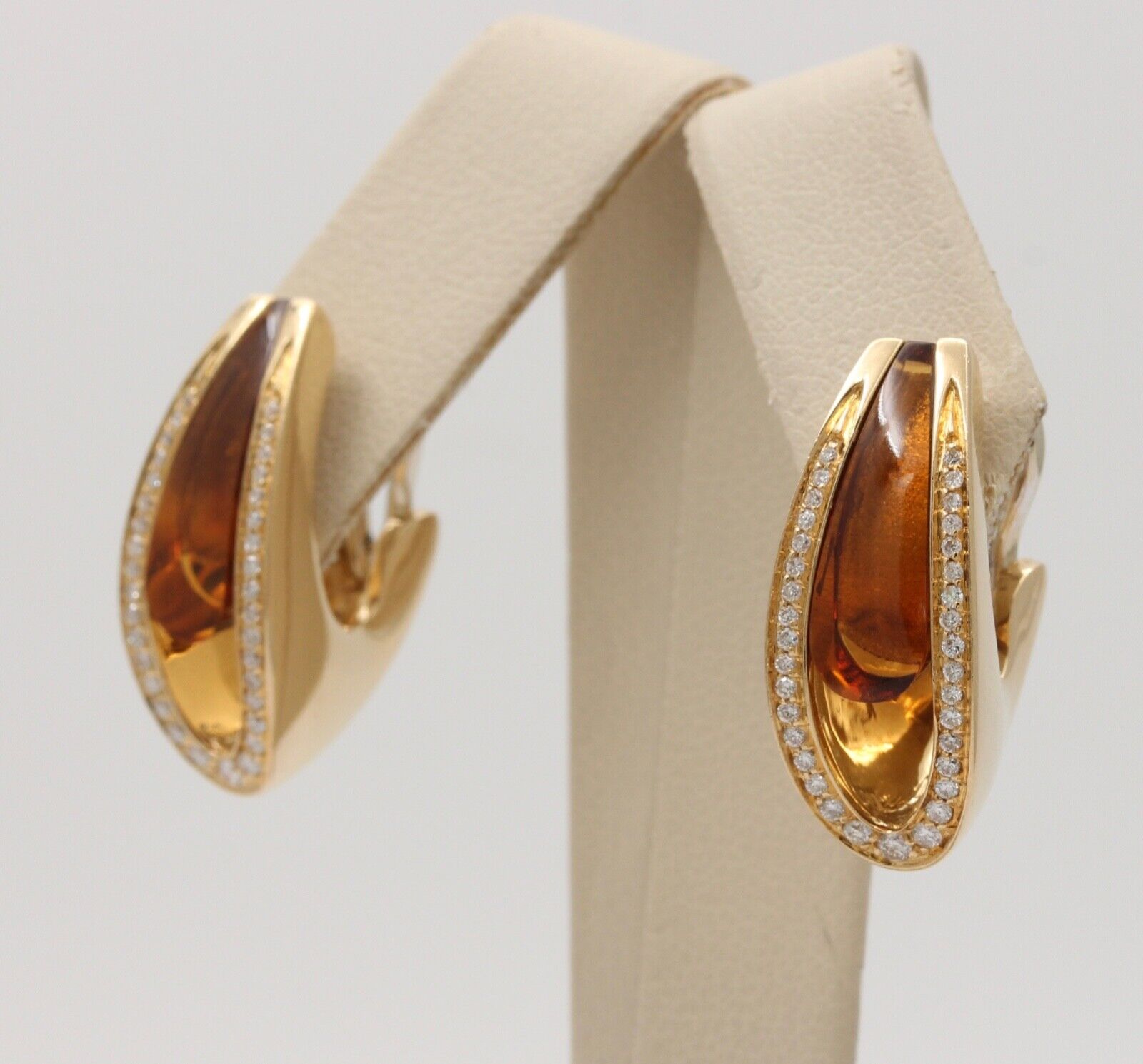 Vintage 18K Yellow Gold Citrine & Diamond Clip Huggie Earrings