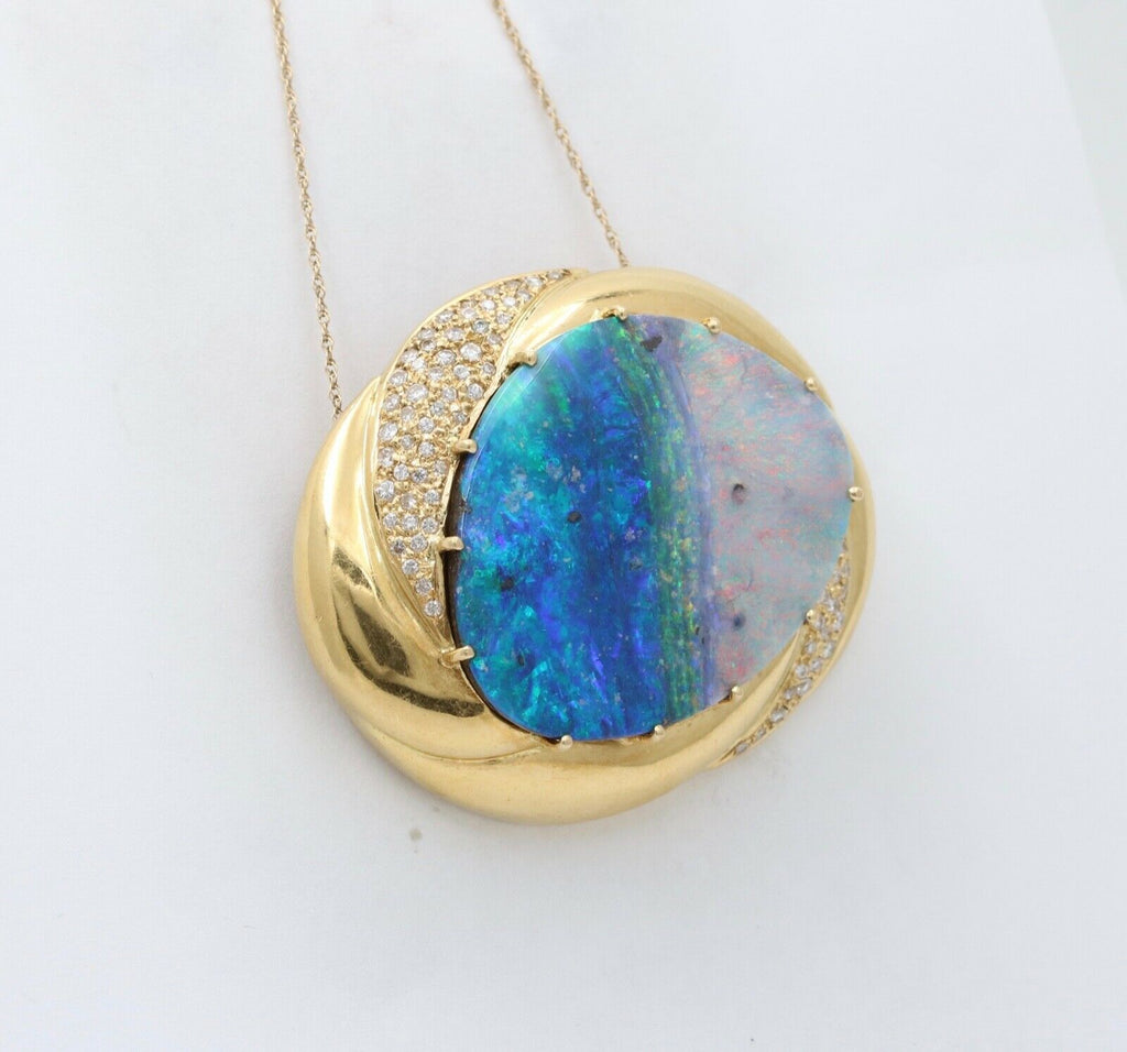 Ocean and Sky Boulder Opal Diamonds 18K Yellow Gold Pendant