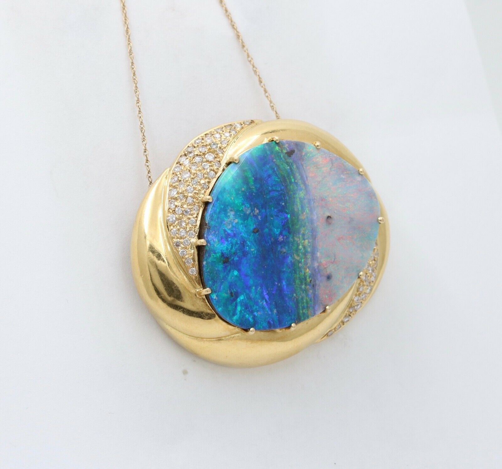 Ocean and Sky Boulder Opal Diamonds 18K Yellow Gold Pendant