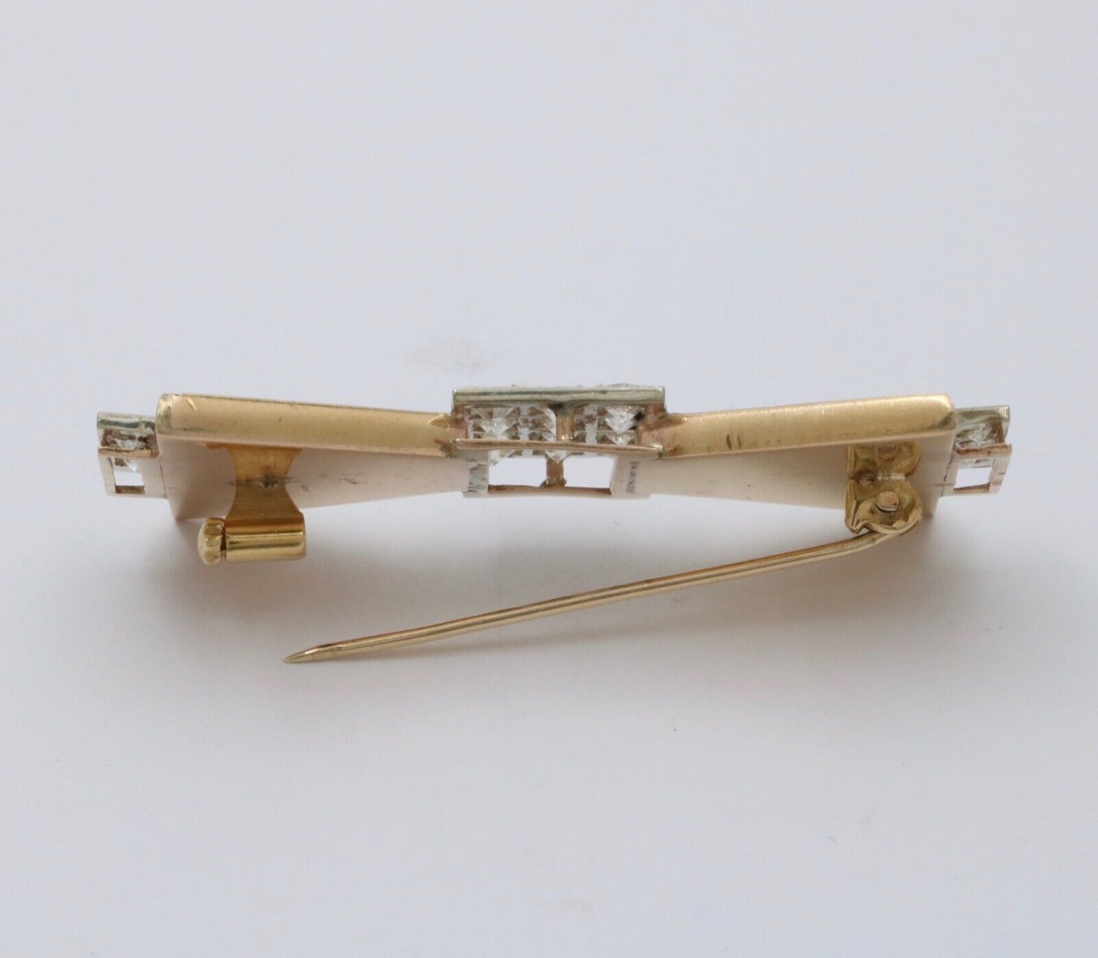 Vintage 14K Yellow Gold Onyx & Diamond Bow Tie Brooch.