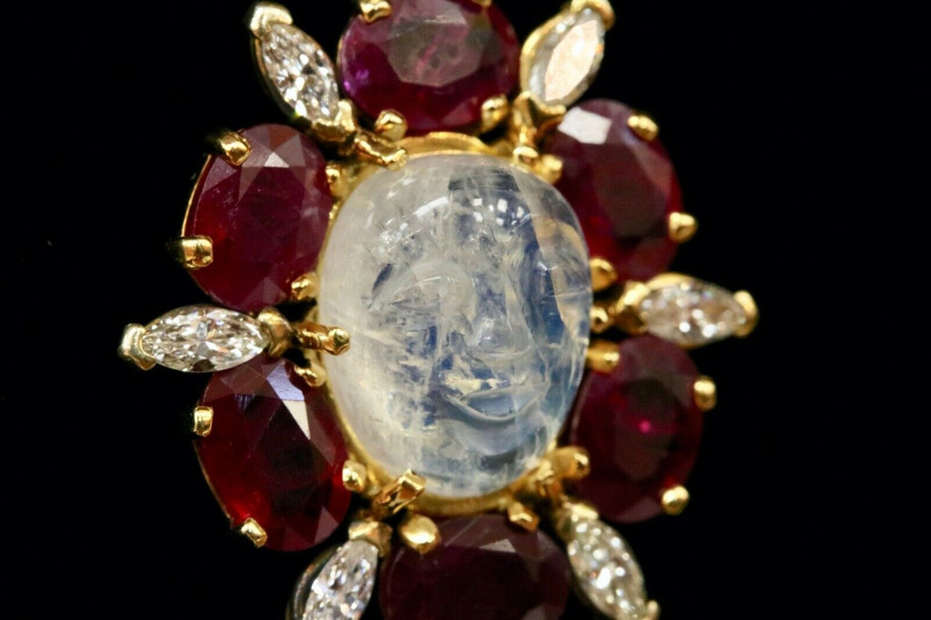 Vintage Man on the Moon Moonstone Rubies Diamonds Gold Over Silver Pendant