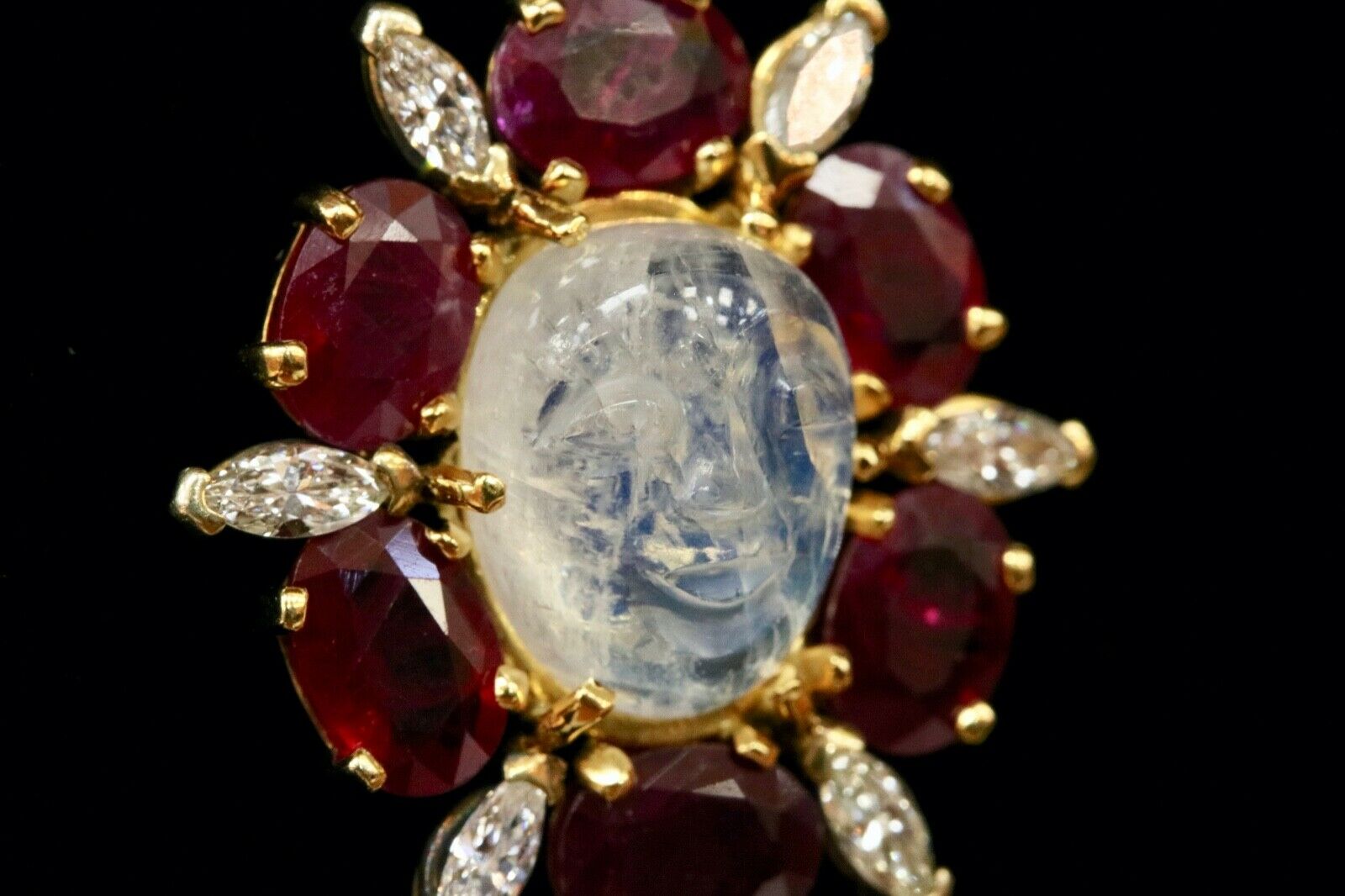 Vintage Man on the Moon Moonstone Rubies Diamonds Gold Over Silver Pendant