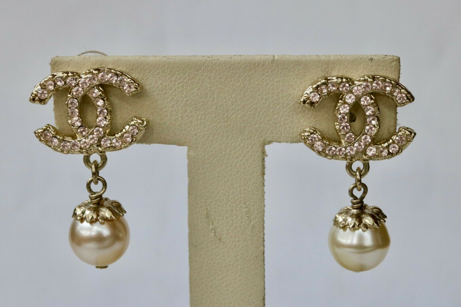 Chanel 22K CC Logo Drop Earrings Crystal/Pearl Light Gold Tone