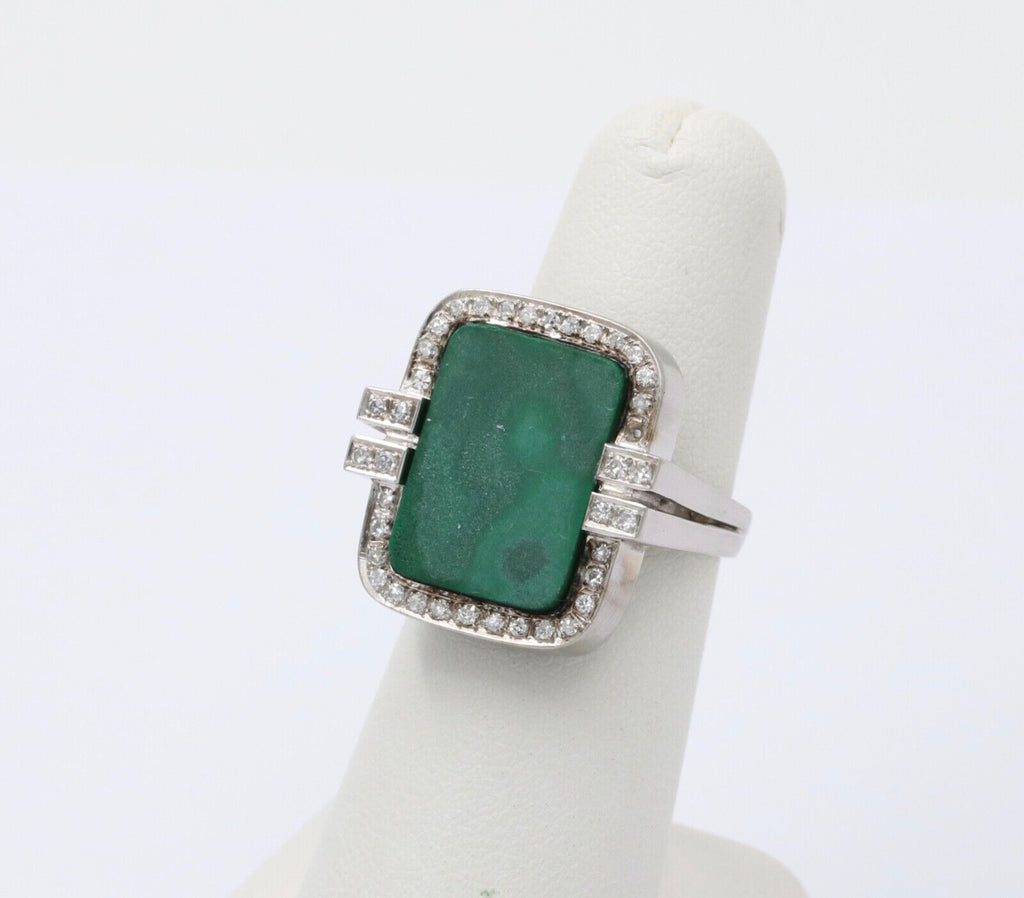 Vintage Aventurine and Diamond 14K White Gold Ring, Statement Ring 12.4 grams