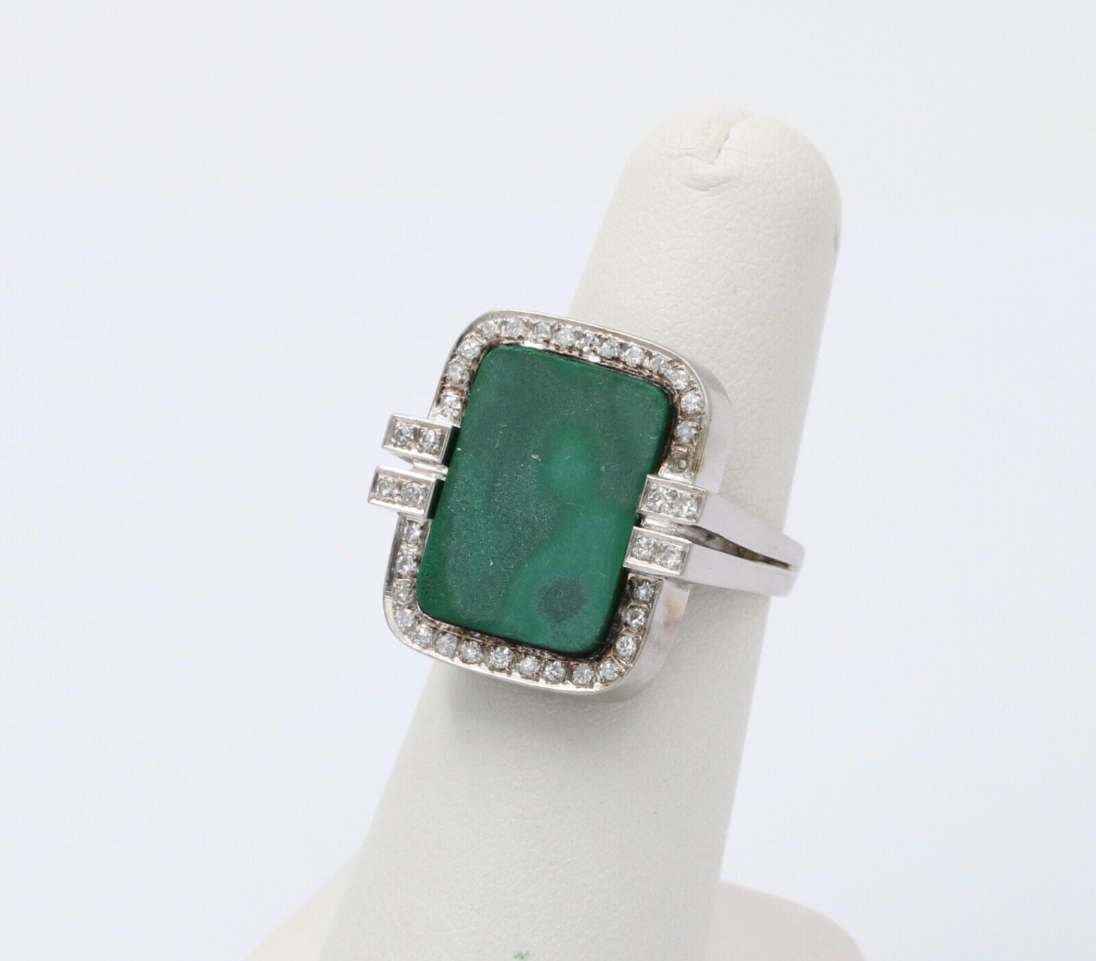 Vintage Aventurine and Diamond 14K White Gold Ring, Statement Ring 12.4 grams