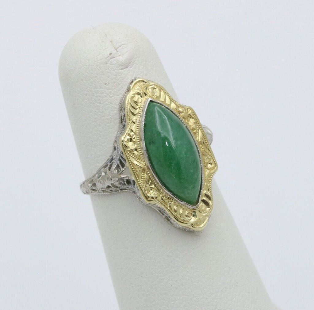 Art Deco 14K Gold Jade Navette Filigree Ring