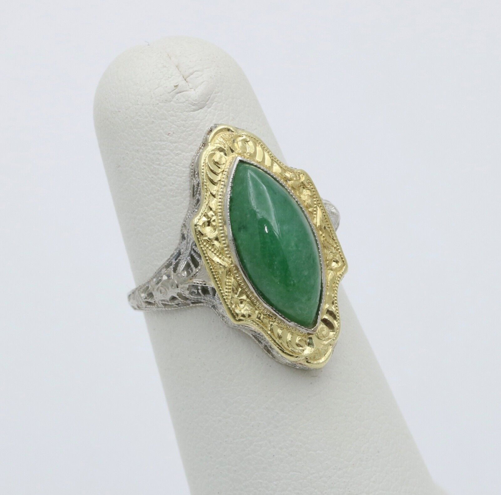 Art Deco 14K Gold Jade Navette Filigree Ring