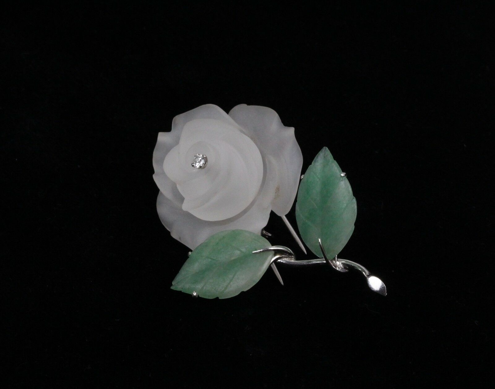 Vintage 14K White Gold Diamond & Jade Carved Rock Crystal Rose Brooch