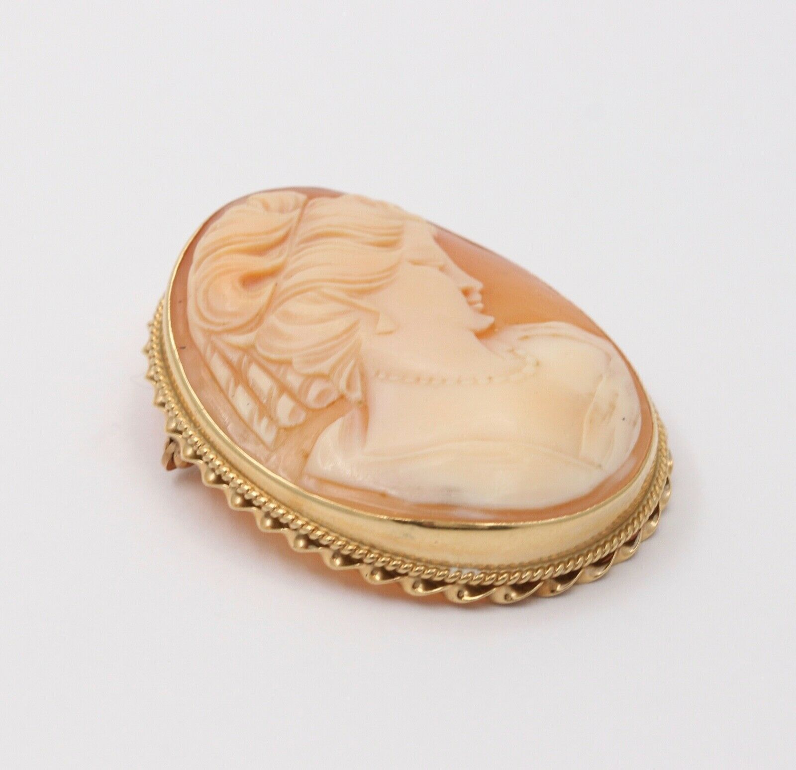 Vintage Romantic 14K Yellow Gold Carved Shell Cameo Brooch, Portrait Pendant.
