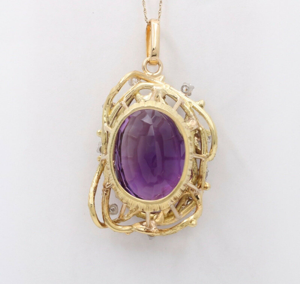 Beautiful Vintage Amethyst Diamonds 18K Yellow Gold Vines Pendant