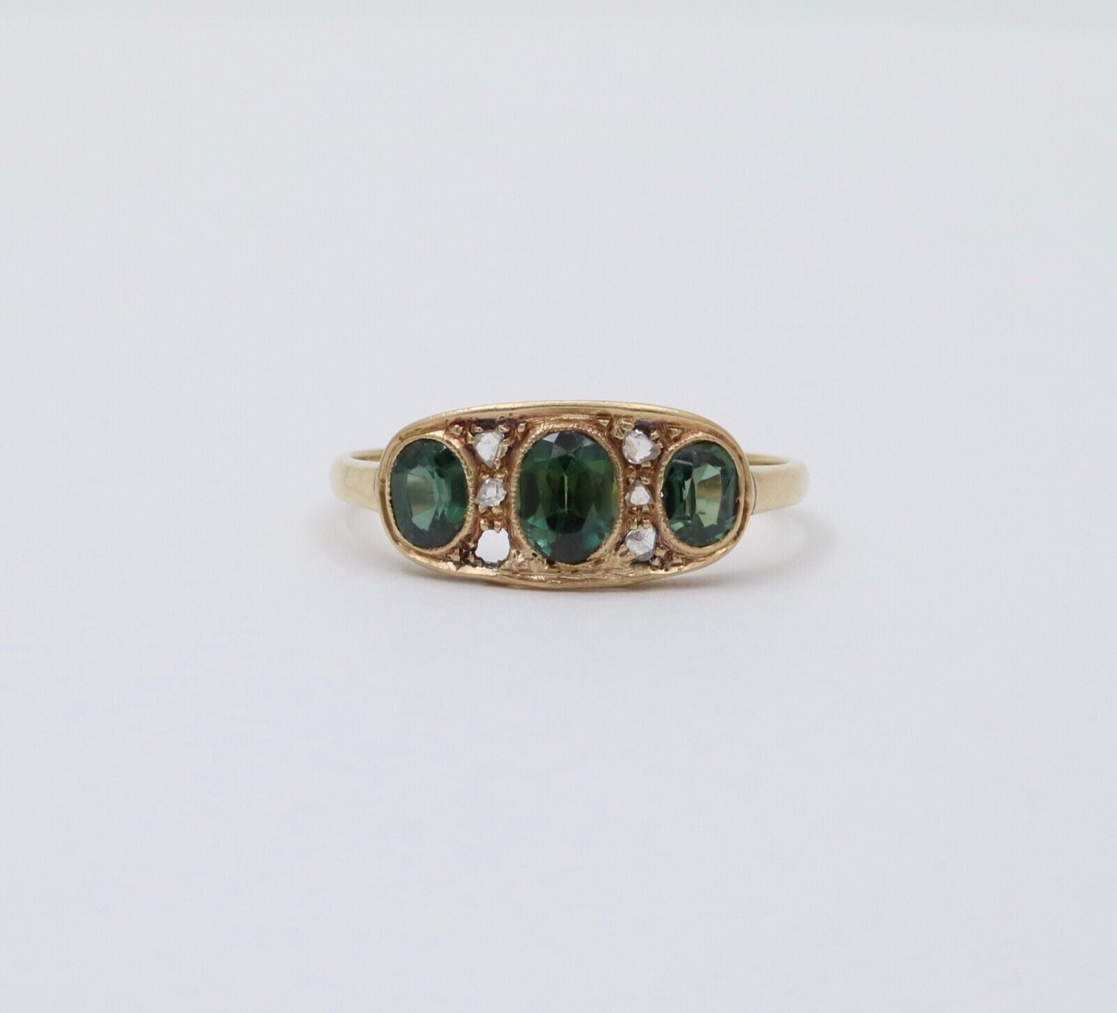 Antique Edwardian 18K Gold Three Green Tourmaline Diamond Ring, Ring Band.