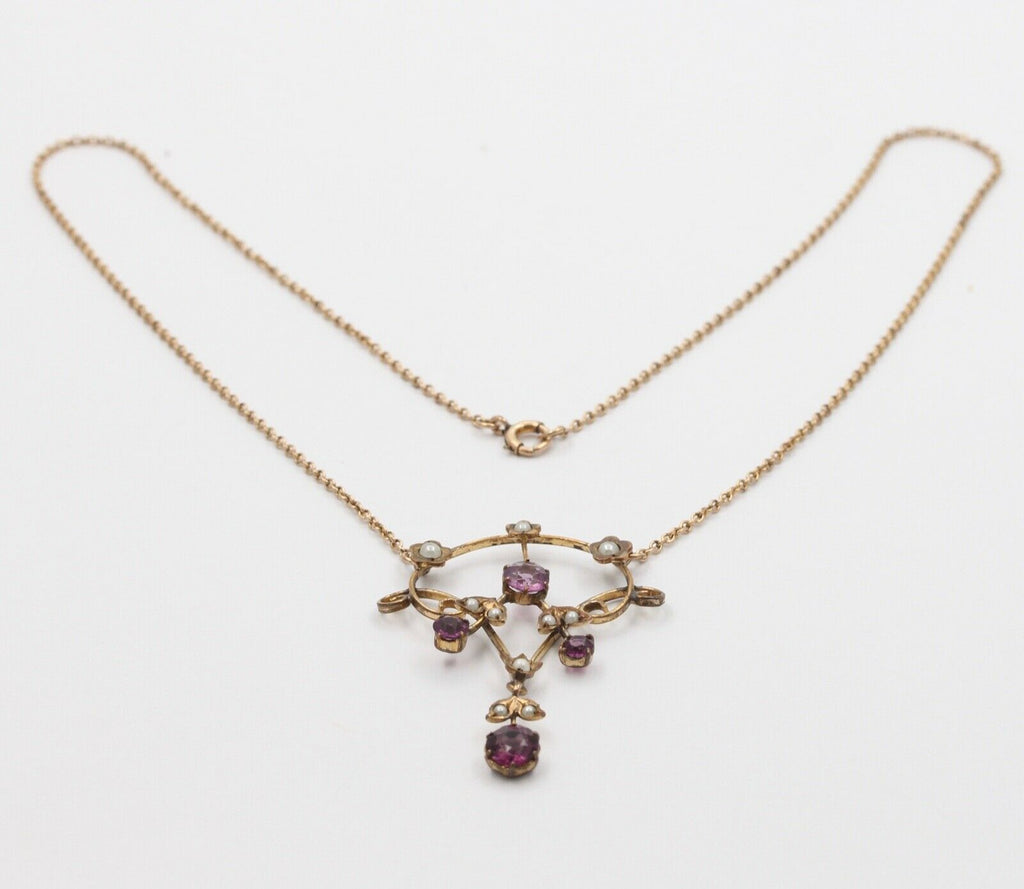 Art Nouveau 14K Gold Filed Amethyst & Split Pearl Pendant, Necklace.