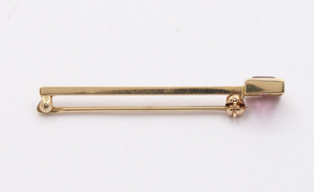 Art Deco Emerald Cut Tourmaline 14K Yellow Gold Brooch Pin