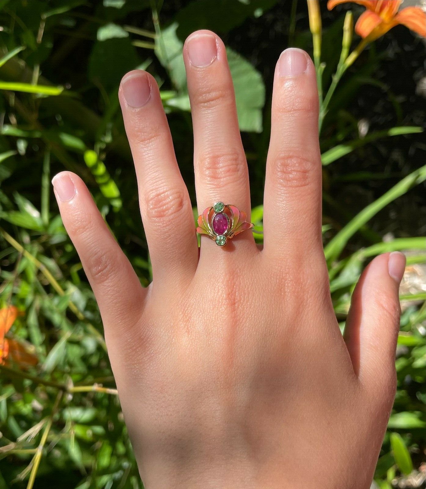 Vintage Art Nouveau Style Burma Ruby Enamel 14K Gold Ring, Statement Ring