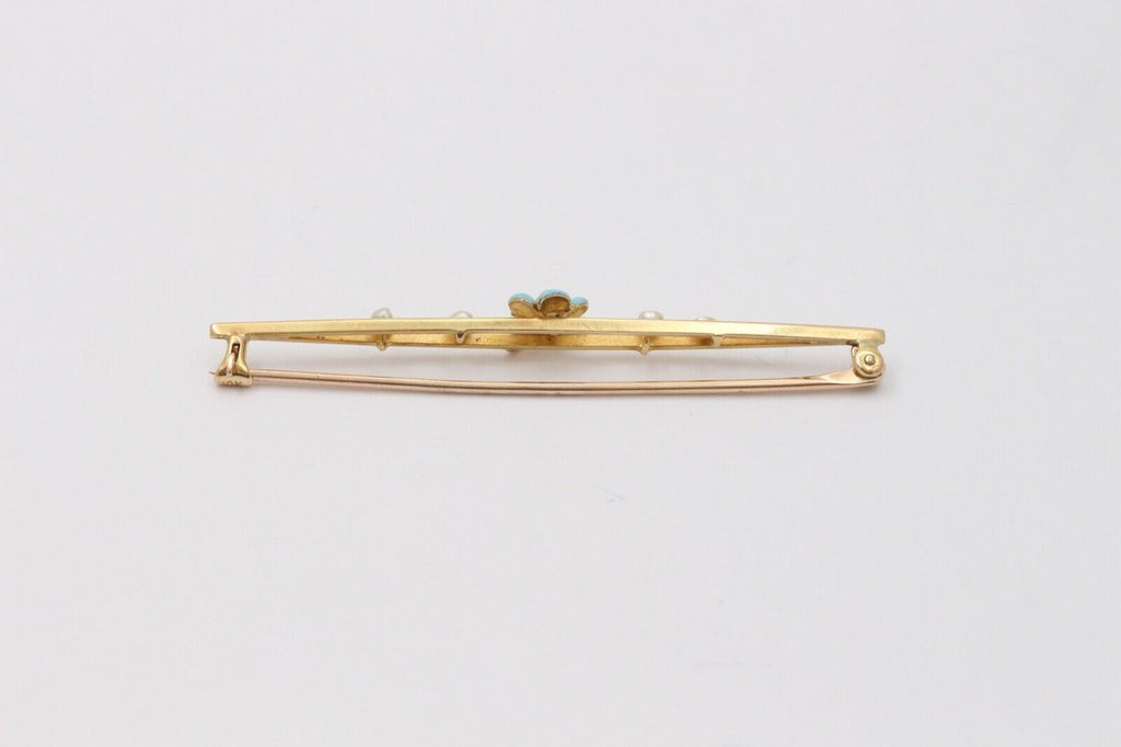 Antique Art Nouveau 10k Yellow Gold Forget Me Not Pearl Enamel Bar Pin