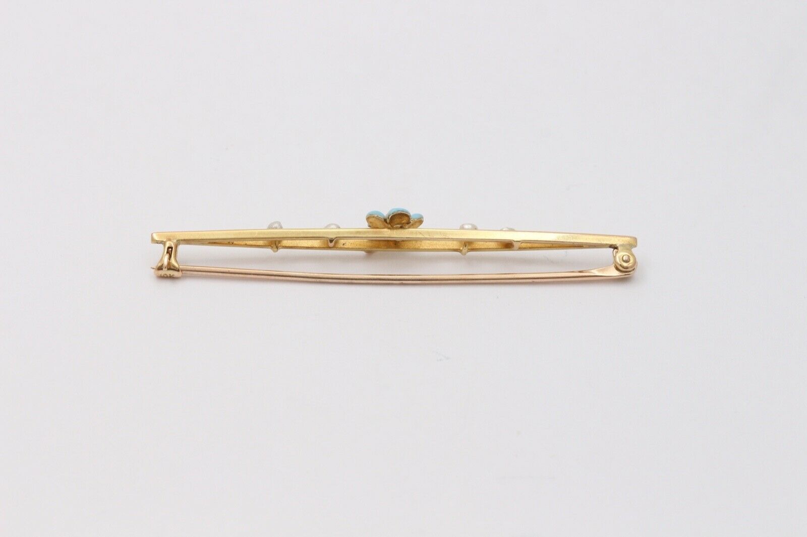Antique Art Nouveau 10k Yellow Gold Forget Me Not Pearl Enamel Bar Pin