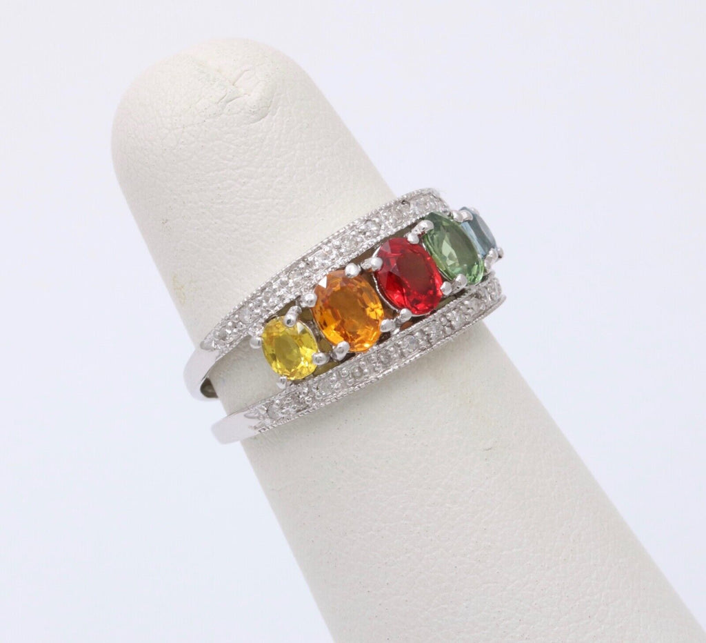 Fun Multi GemStones 14K White Gold Diamond Ring