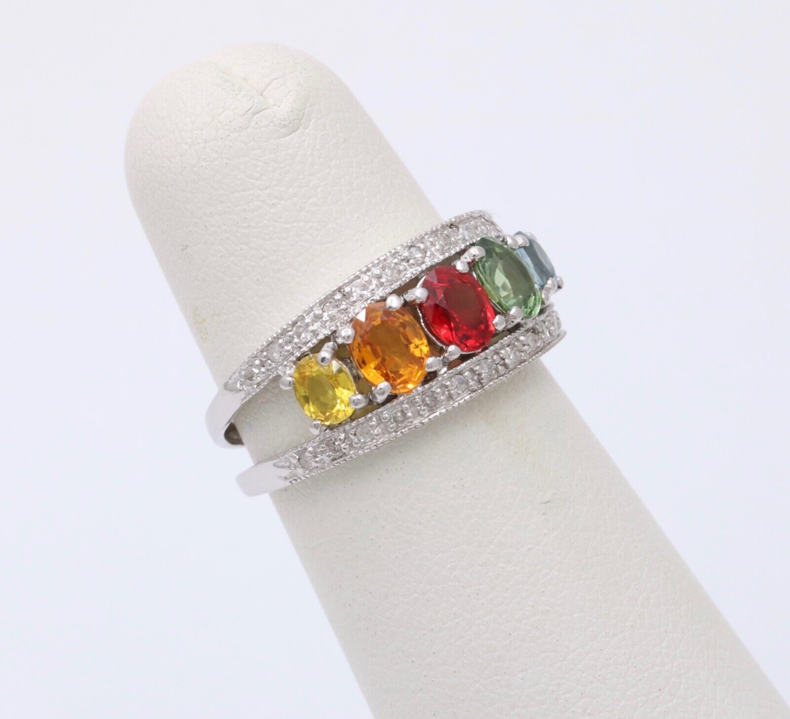 Fun Multi GemStones 14K White Gold Diamond Ring