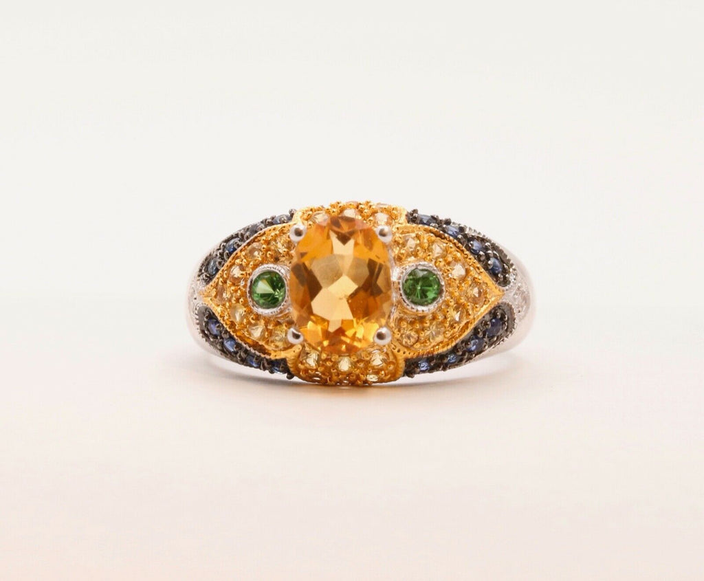 Citrine Blue Sapphires Cocktail Ring 14K White Yellow Gold Ring