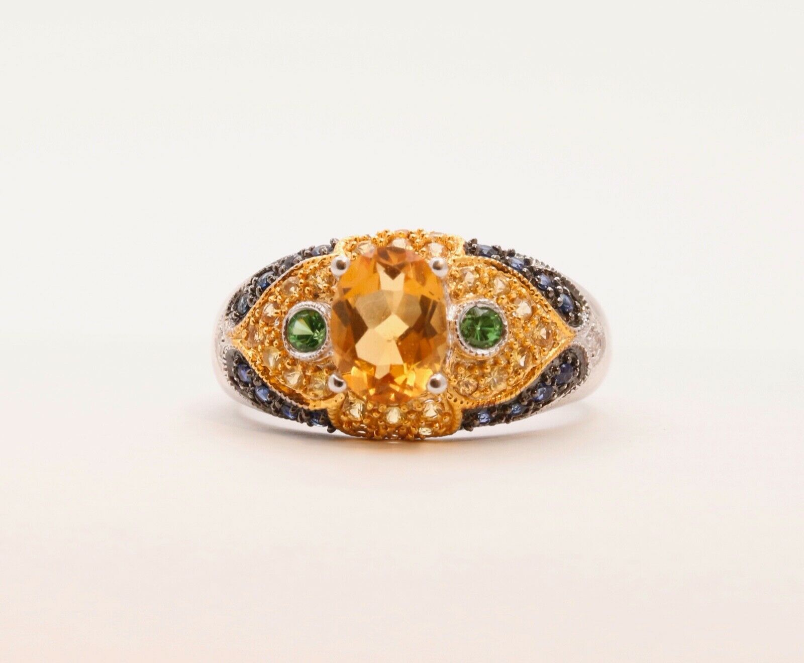 Citrine Blue Sapphires Cocktail Ring 14K White Yellow Gold Ring