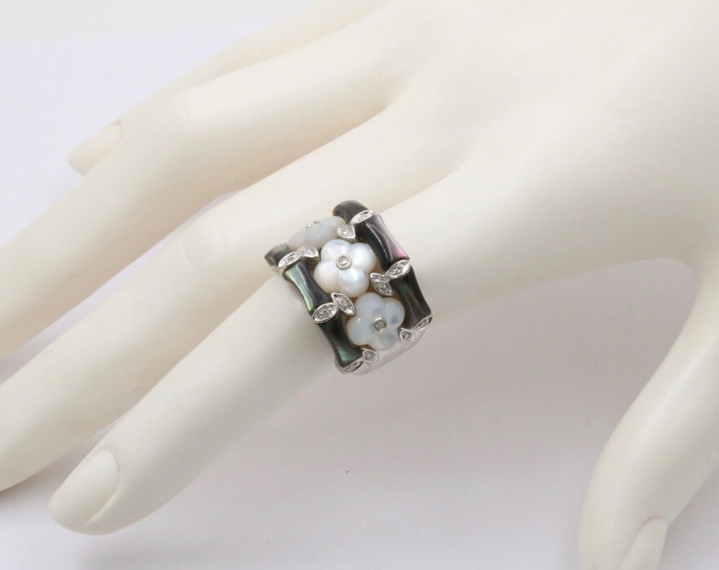 Vintage C&S Flower Moonstones Diamonds 14K White Gold Ring