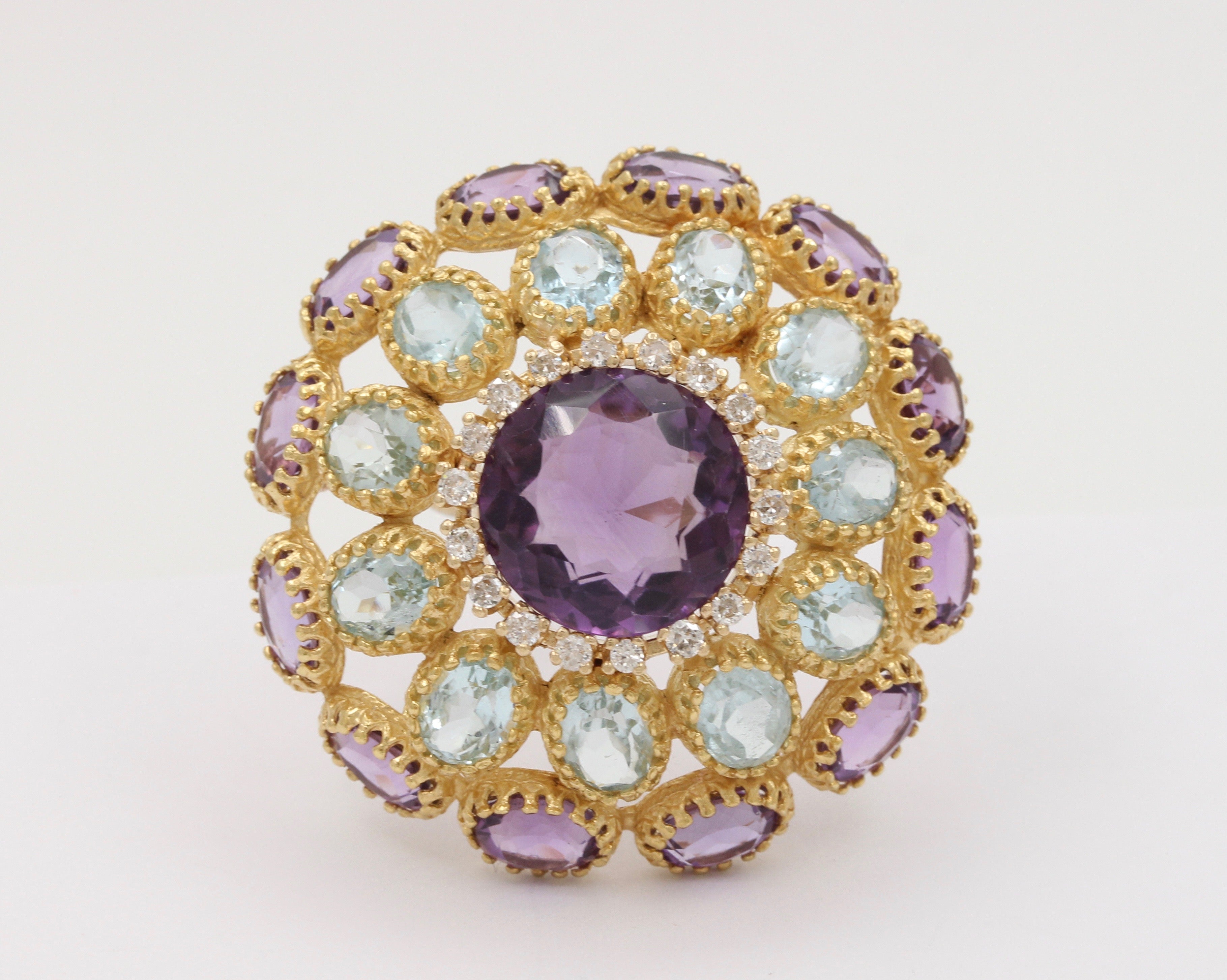 Midcentury Amethyst Aquamarine And Diamonds Dome 18K Gold Brooch Pendant