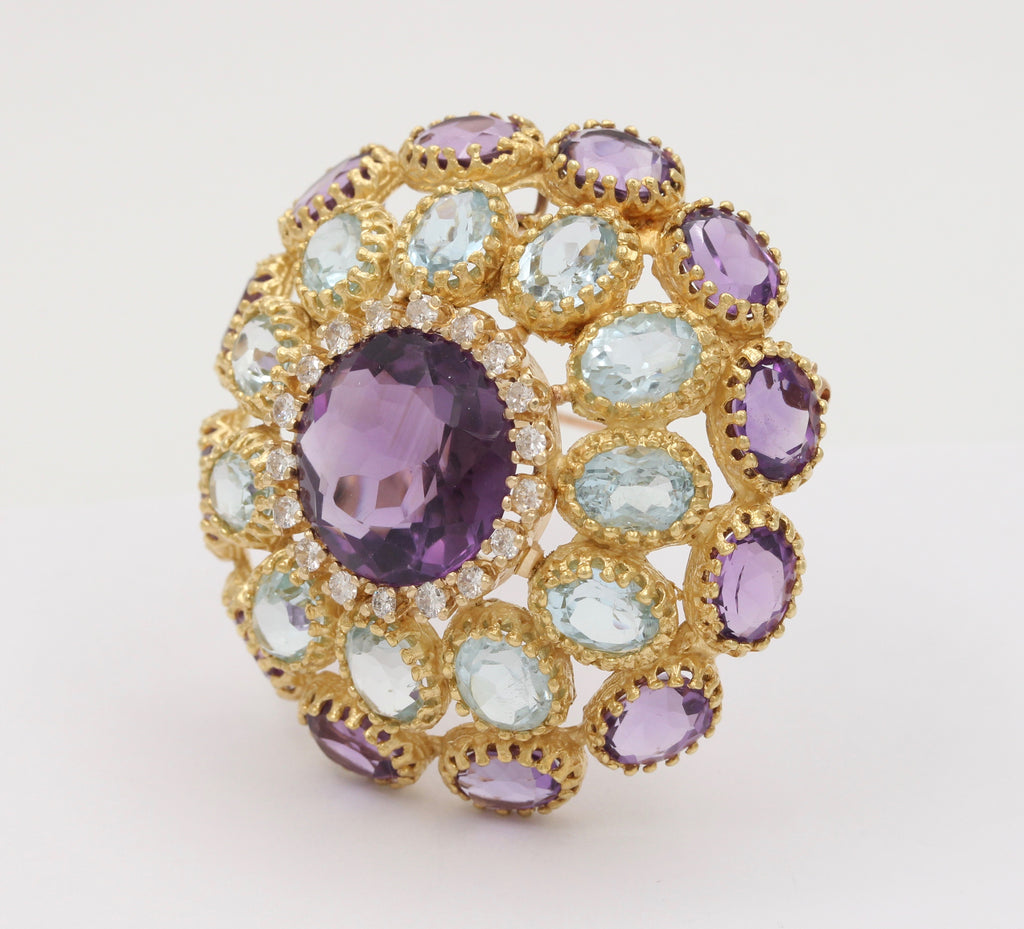 Midcentury Amethyst Aquamarine And Diamonds Dome 18K Gold Brooch Pendant