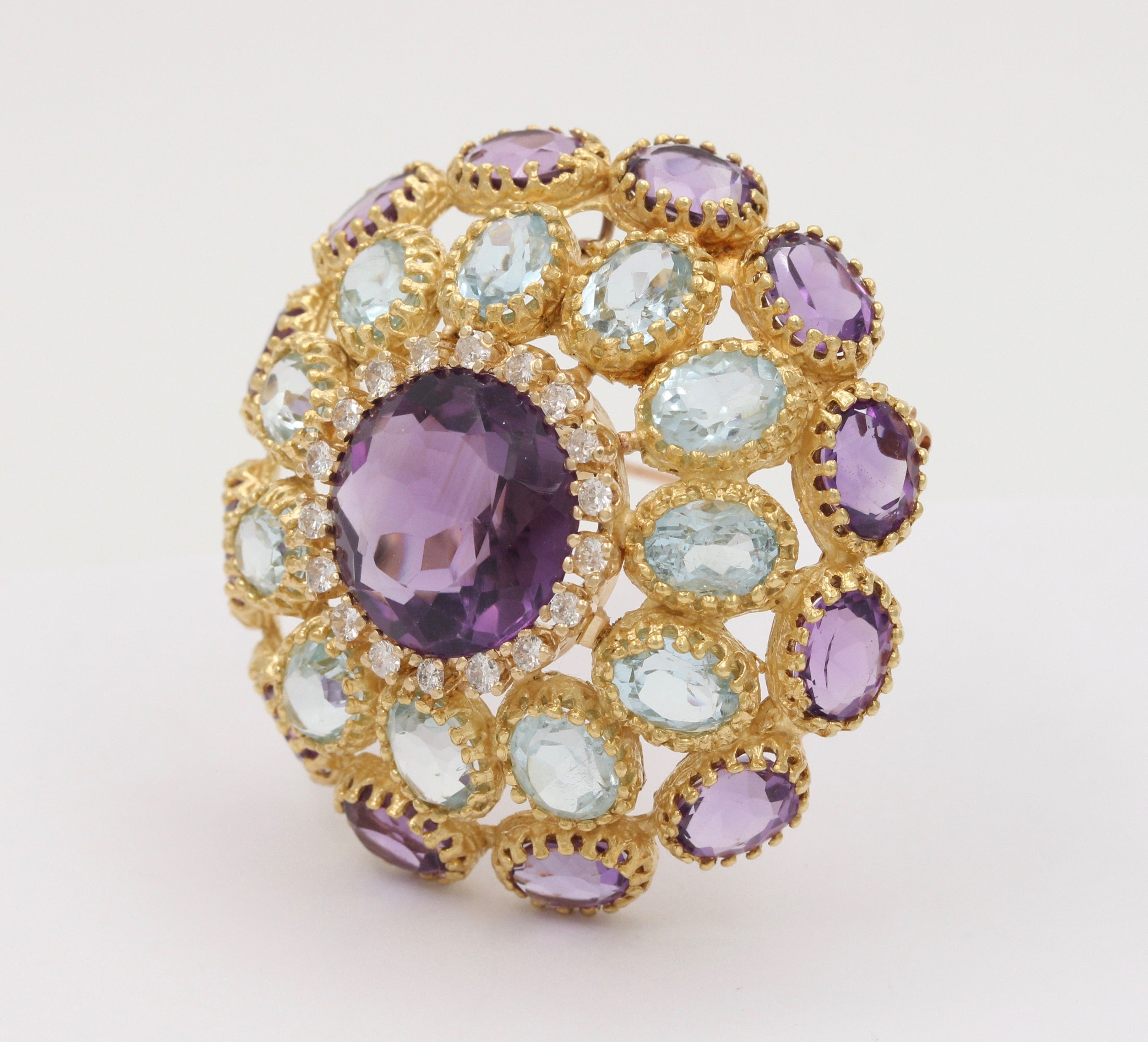 Midcentury Amethyst Aquamarine And Diamonds Dome 18K Gold Brooch Pendant
