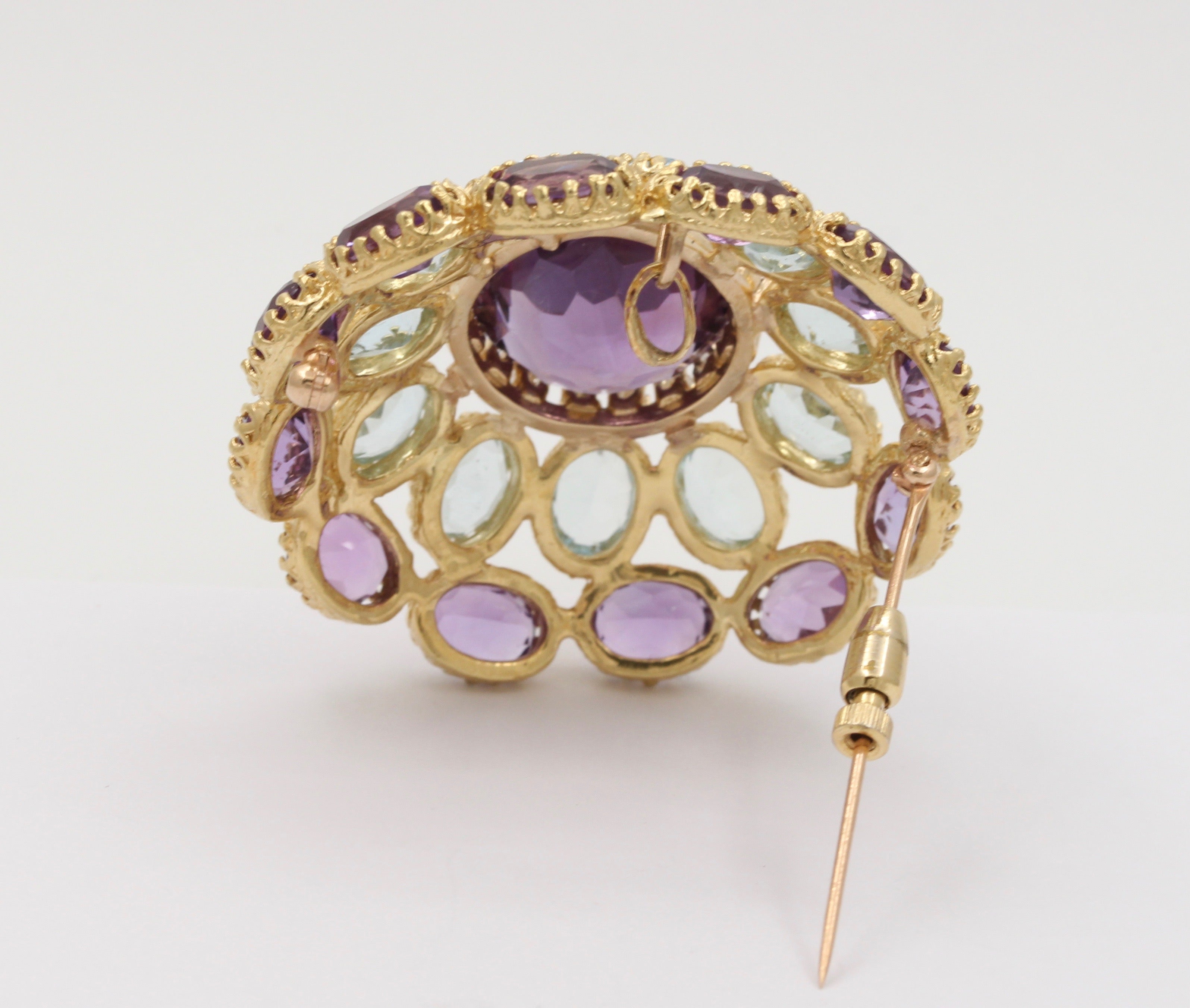 Midcentury Amethyst Aquamarine And Diamonds Dome 18K Gold Brooch Pendant