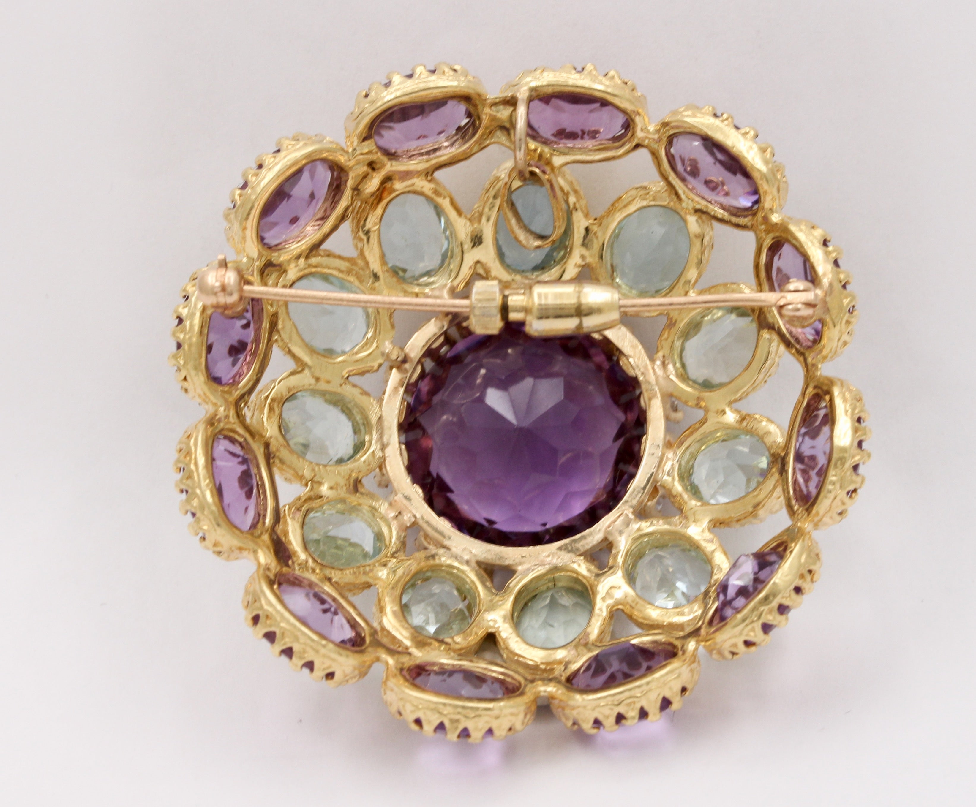 Midcentury Amethyst Aquamarine And Diamonds Dome 18K Gold Brooch Pendant